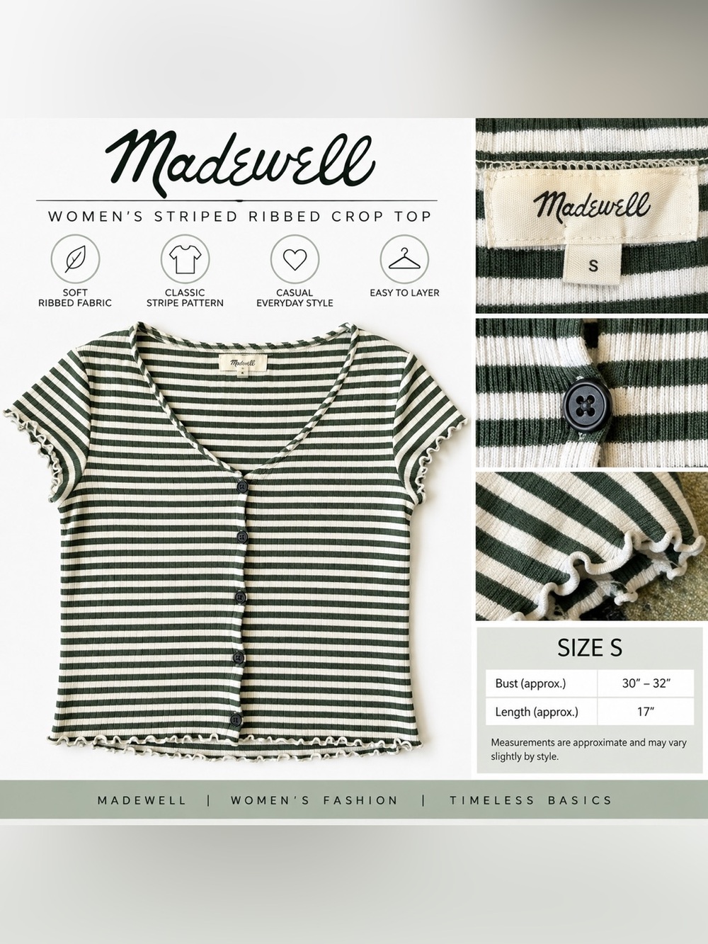 Madewell Green & White Striped Ribbed Button-Front Crop Top